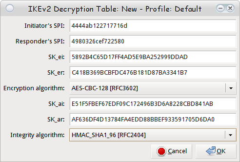 Wireshark IKEv2 Decryption Table Parameters